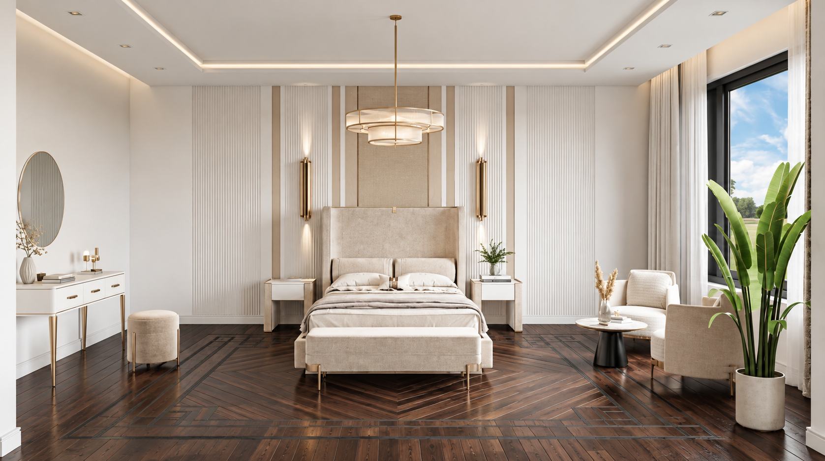 Elegant bedroom with dark patterned hardwood flooring
