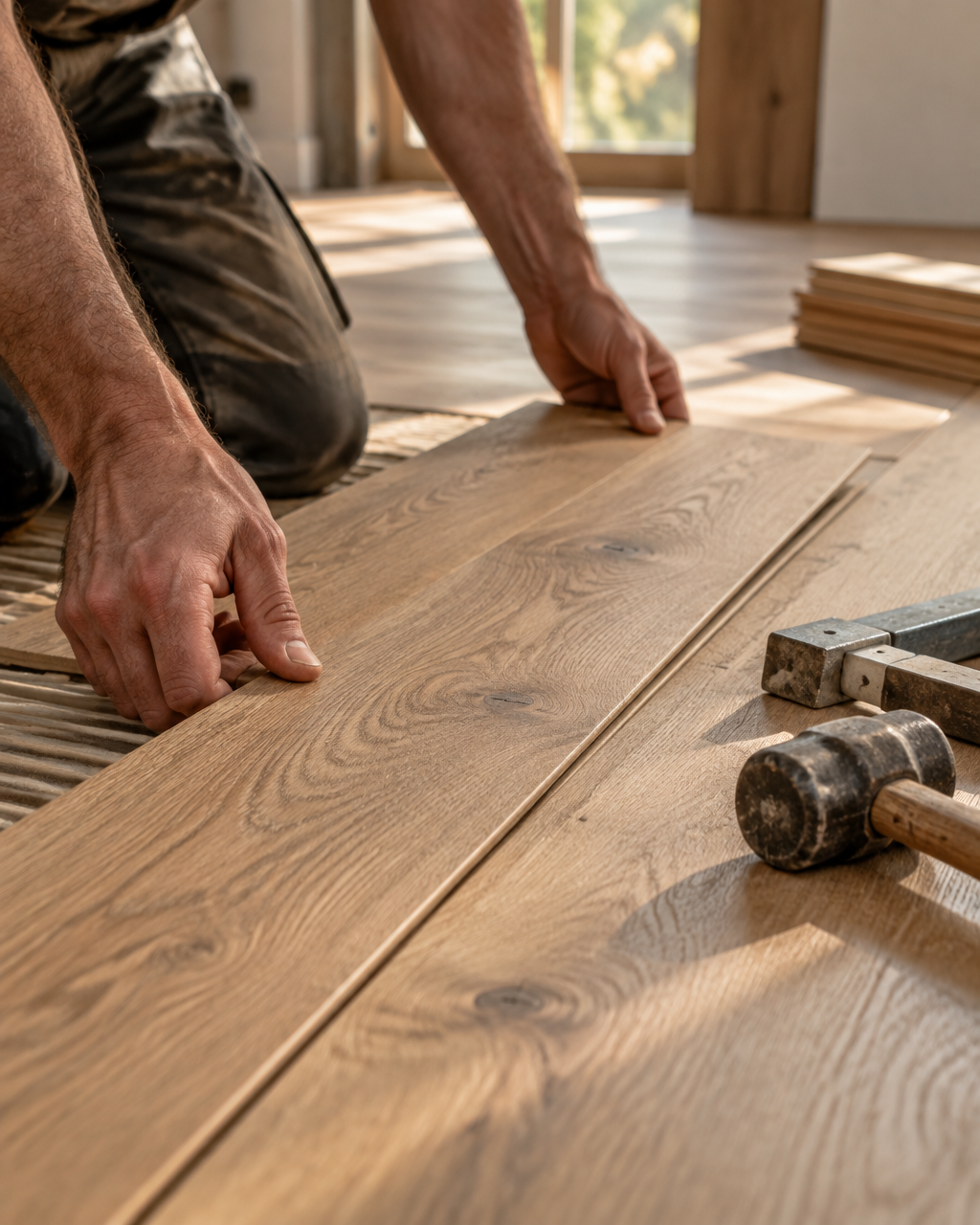 Craftsperson fitting a wide oak flooring plank by hand