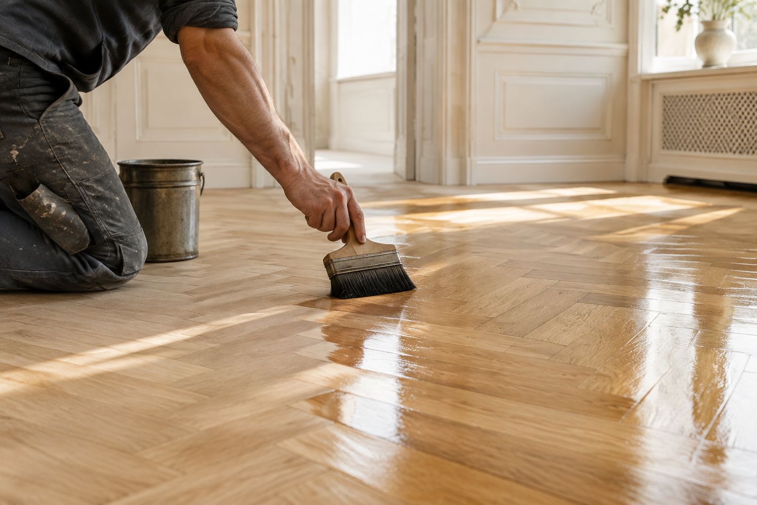 Craftsperson hand-finishing a custom hardwood floor