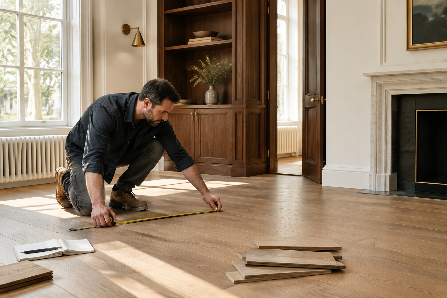Flooring specialist measuring a room with oak samples nearby